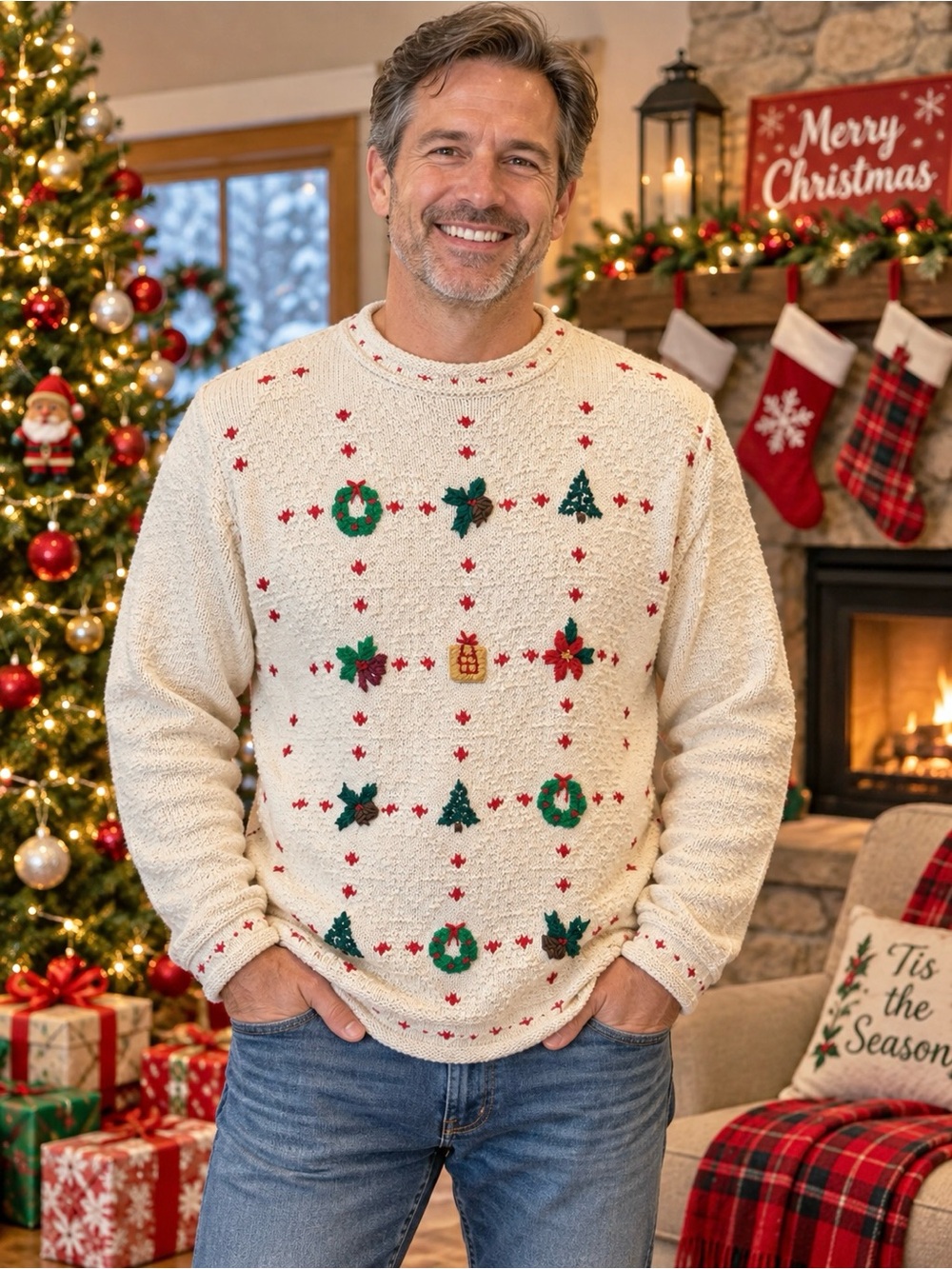 Ugly Christmas Sweater Lizsport Unisex Pullover Ivory Size L